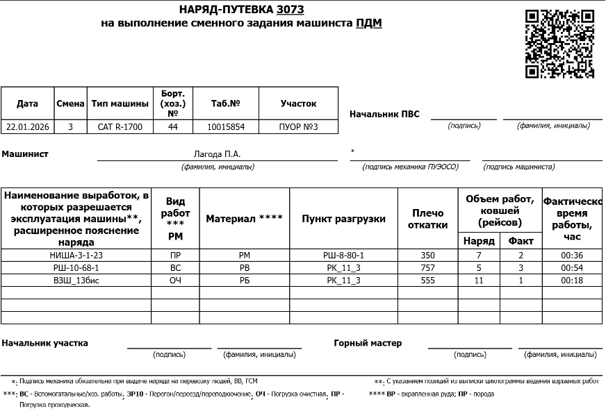 Печать Наряд-путевки и автоматическая генерация уникального QR-кода на бумажной форме