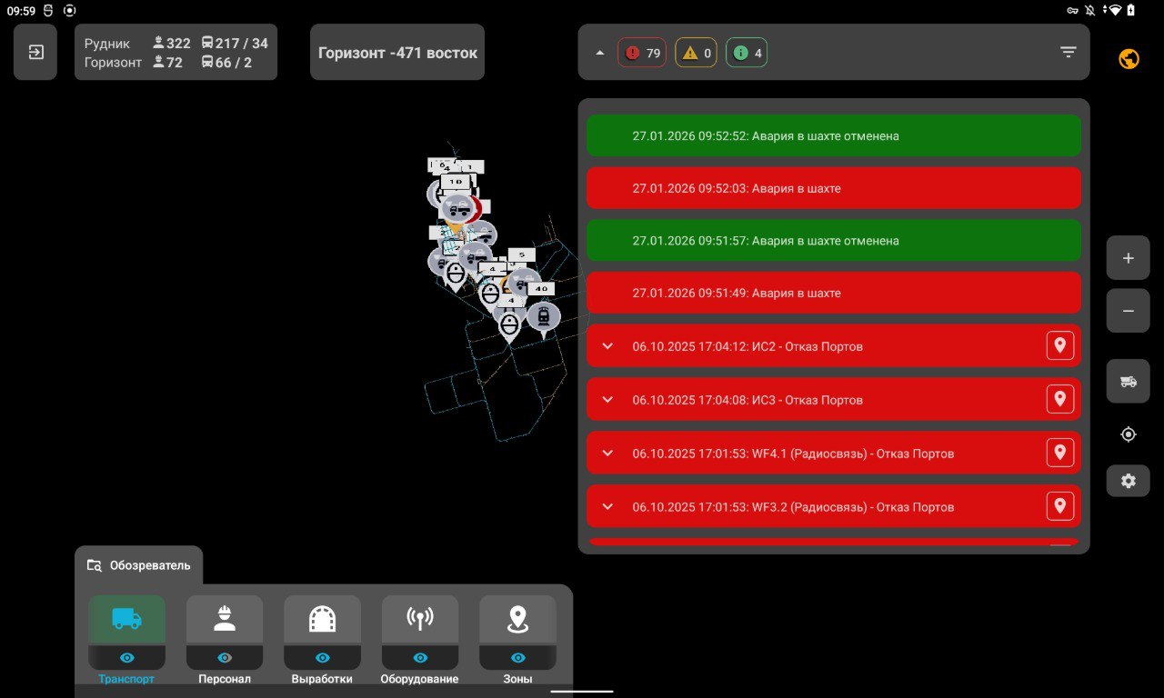 Мобильное приложение «Горный диспетчер»  Информация и события; Панель сообщений; Фильтрация событий вход в
                    опасную зону, посадка/высадка из транспорта