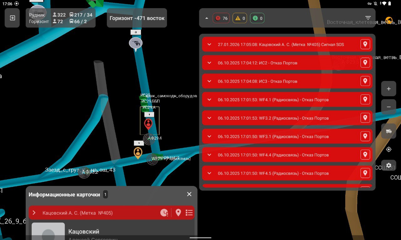 Мобильное приложение «Горный диспетчер» Сигнал SOS; Отправка аварийного сигнала диспетчеру; Местоположение сотрудника автоматически отображается на 3D-модели у диспетчера.